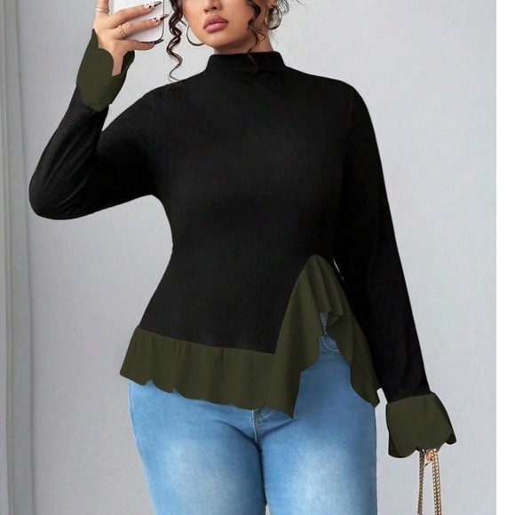 Plus Solid Color block Ruffle Hem Long Sleeve Mock Neck Top - Picture 3 of 5